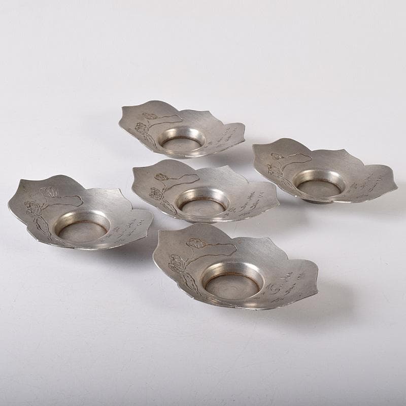 eee 様義春銘　漢詩霊芝刻　木瓜式　茶托　五客　合計約364g　U　R8263