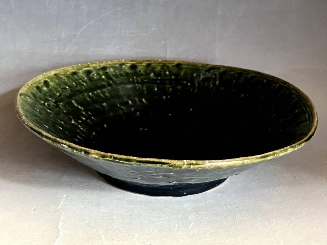 鉢■青織部焼き 平鉢 深皿 緑釉 料理 お茶道具 南雅？渦巻高台 時代物骨董品■