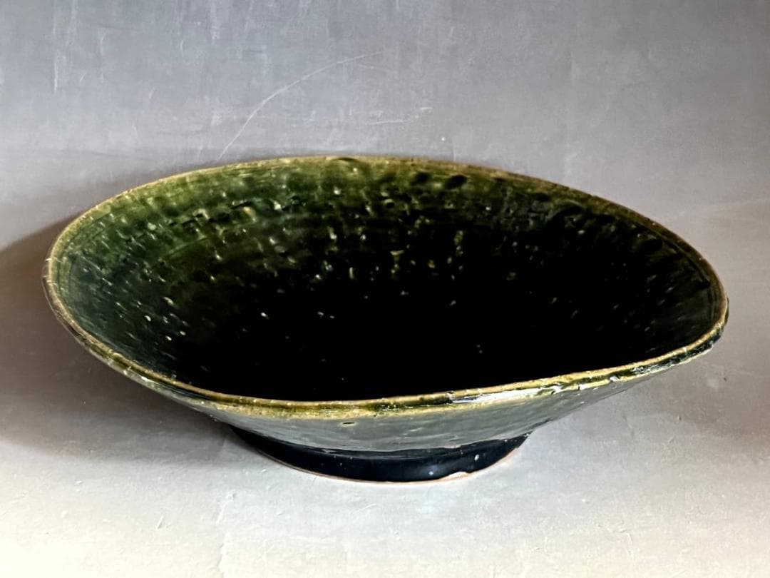 鉢■青織部焼き 平鉢 深皿 緑釉 料理 お茶道具 南雅？渦巻高台 時代物骨董品■