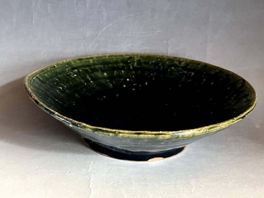 鉢■青織部焼き 平鉢 深皿 緑釉 料理 お茶道具 南雅？渦巻高台 時代物骨董品■