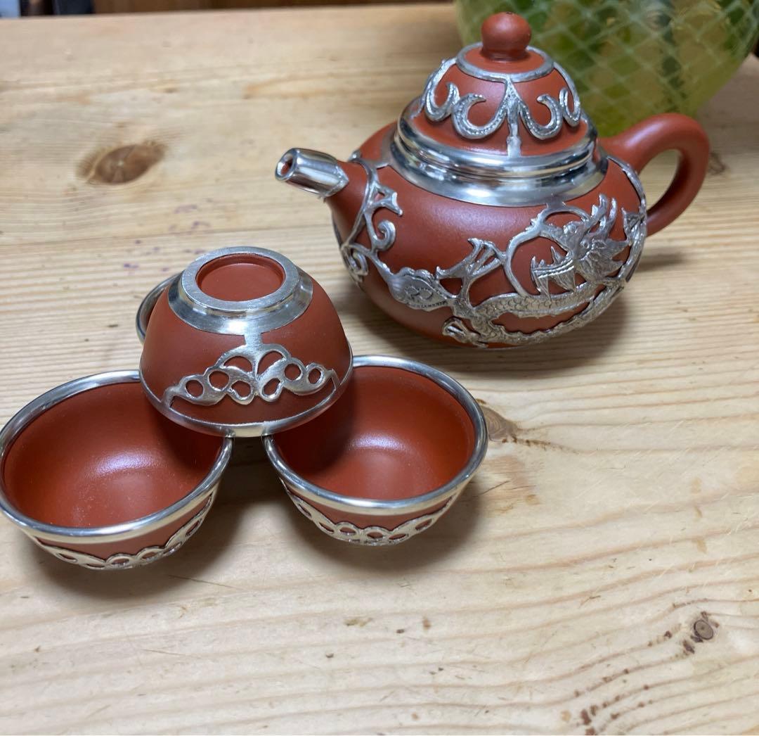 中国美術　紫粘土茶壺（急須の意）ピューター鋳