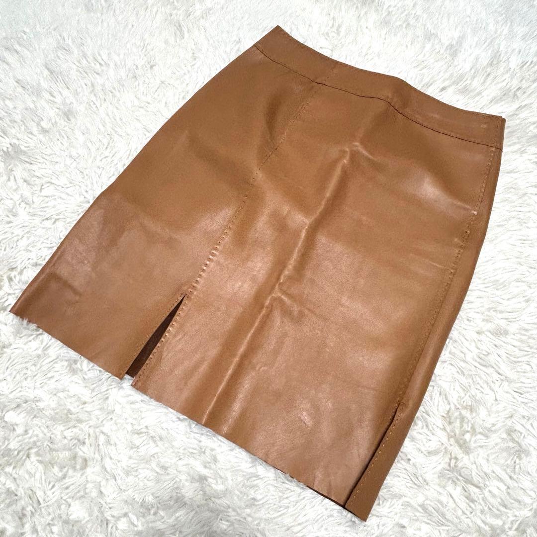 美品　エルメス　スカート　42(XL相当) ブラウン系 牛革　レザー