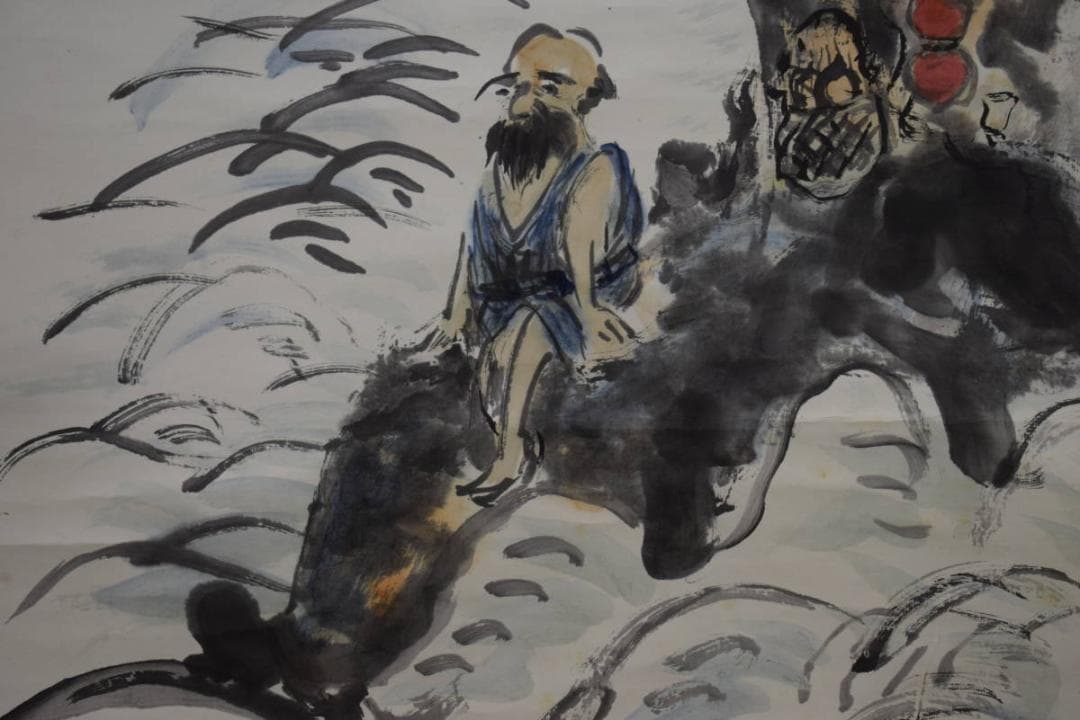 真作/翠堂/岩壁人物図/布袋屋掛軸HF-515