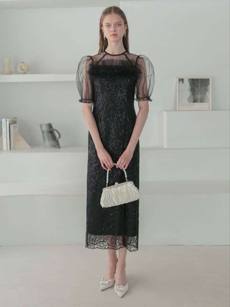 チュールフラワースパンコールIラインワンピースドレス結婚式二次会パーティー成人式