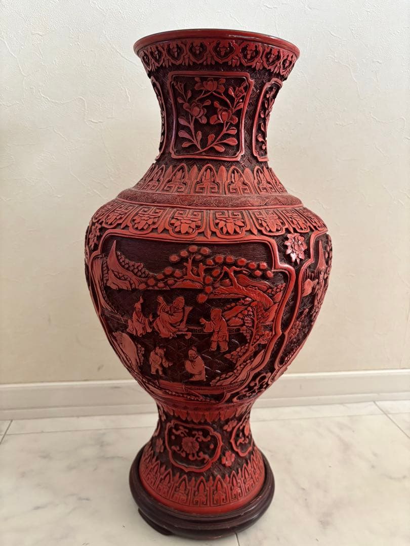 中国 美術 骨董 堆朱 壺 赤壺 工芸品 民芸品 彫刻 花柄 花瓶 花器 置物