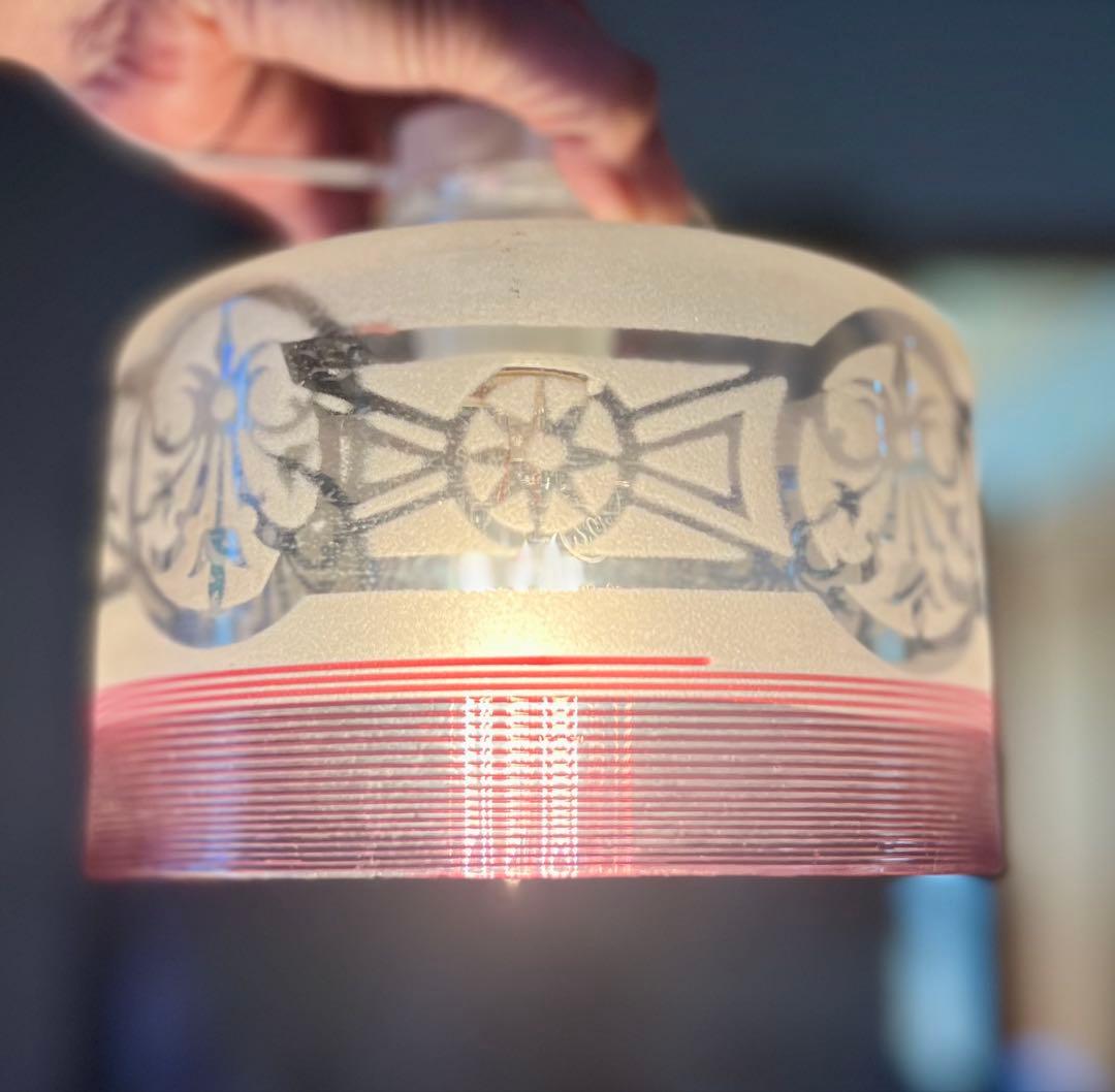 赤糸巻き電笠　スリガラス透かし模様　大正ロマン　洋館　ウランガラス　アンティーク