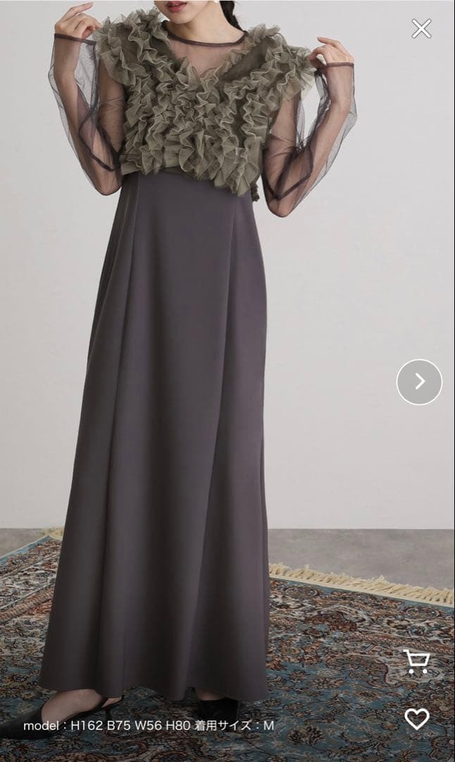 フリル付きグレーシフォンロングドレス