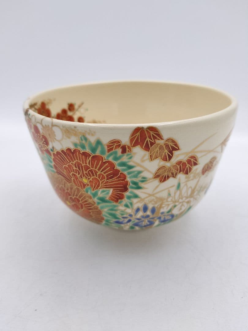 c166【新品・未使用】茶碗 色絵 四季草花 南口閑粋 木箱 茶道具 NI7