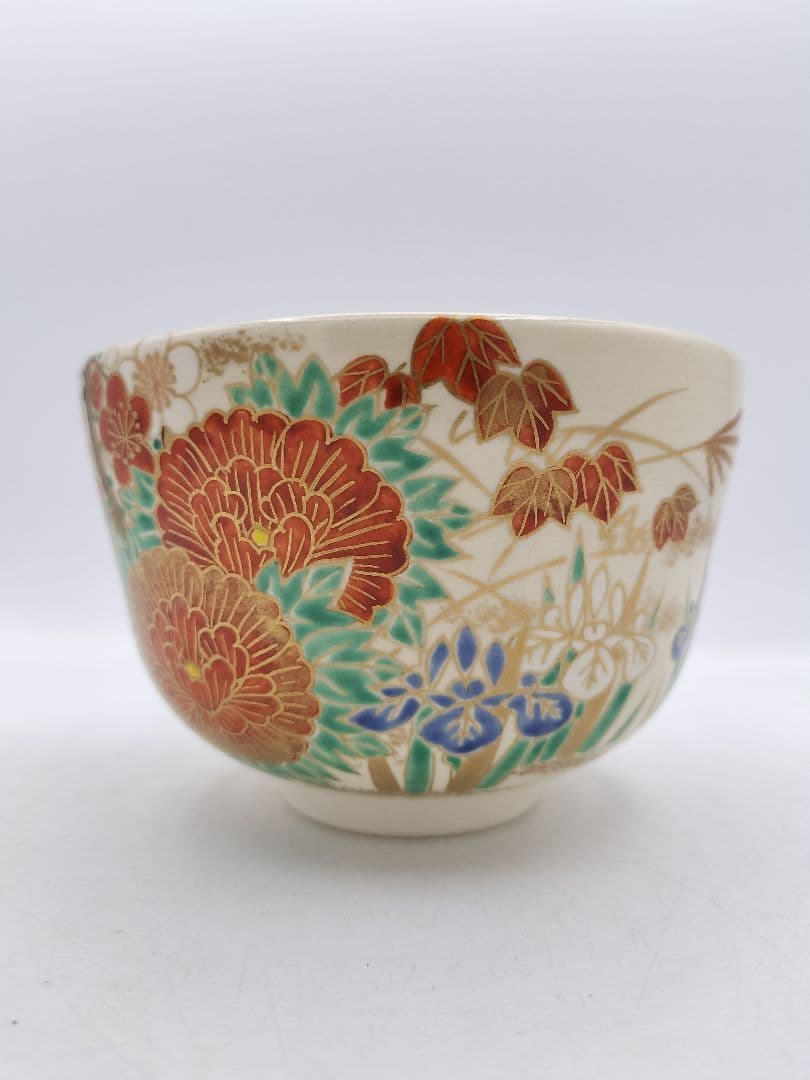 c166【新品・未使用】茶碗 色絵 四季草花 南口閑粋 木箱 茶道具 NI7
