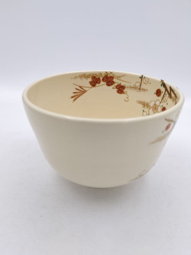 c166【新品・未使用】茶碗 色絵 四季草花 南口閑粋 木箱 茶道具 NI7