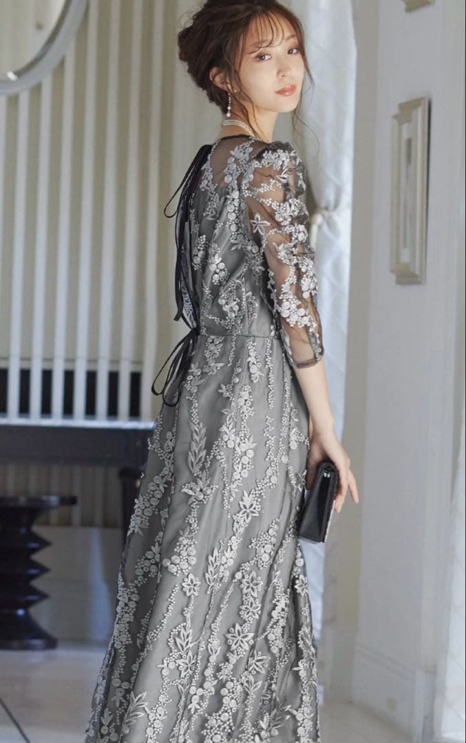 ハレモード　haremode 刺繡レース バックリボン パーティードレス