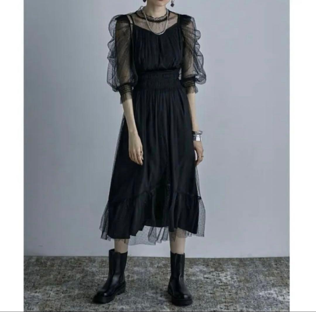 【靴とセット】etoll. ドットチュールレイヤードドレスワンピースとamel靴