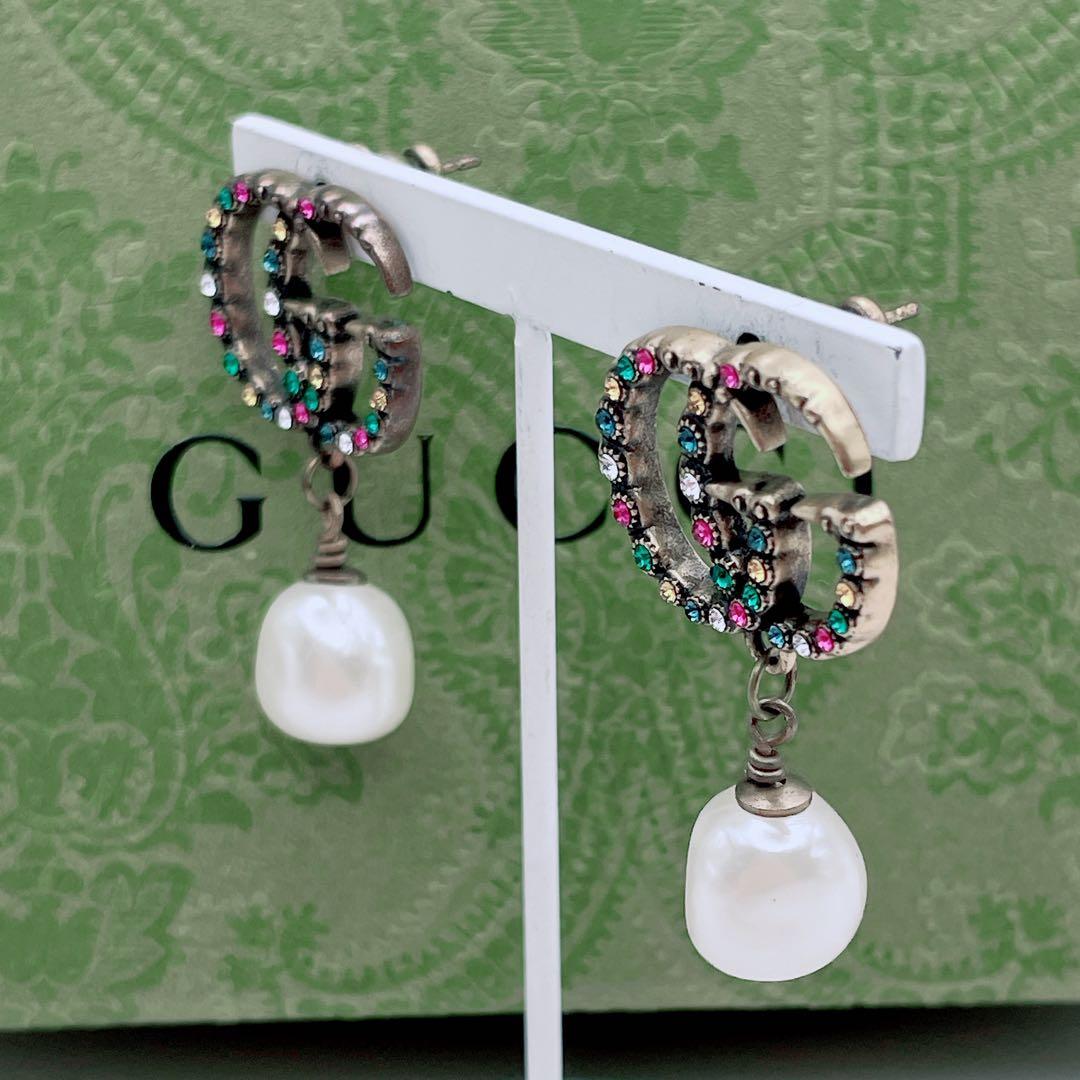 GUCCI ピアス　GG マルチストーン　インターロッキング　パール　ゴールド