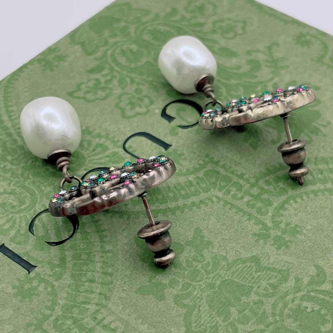 GUCCI ピアス　GG マルチストーン　インターロッキング　パール　ゴールド