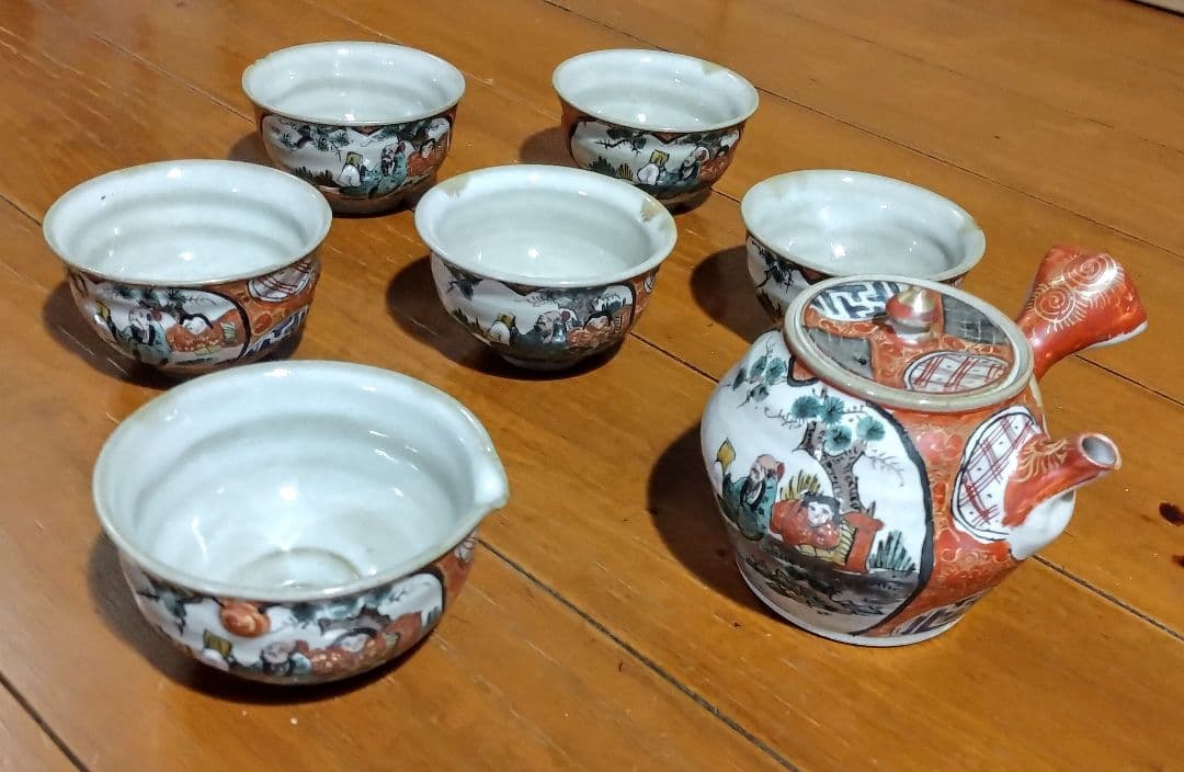 九谷焼 赤絵 金彩 人物 花絵 茶器セット 7点 明治時代物