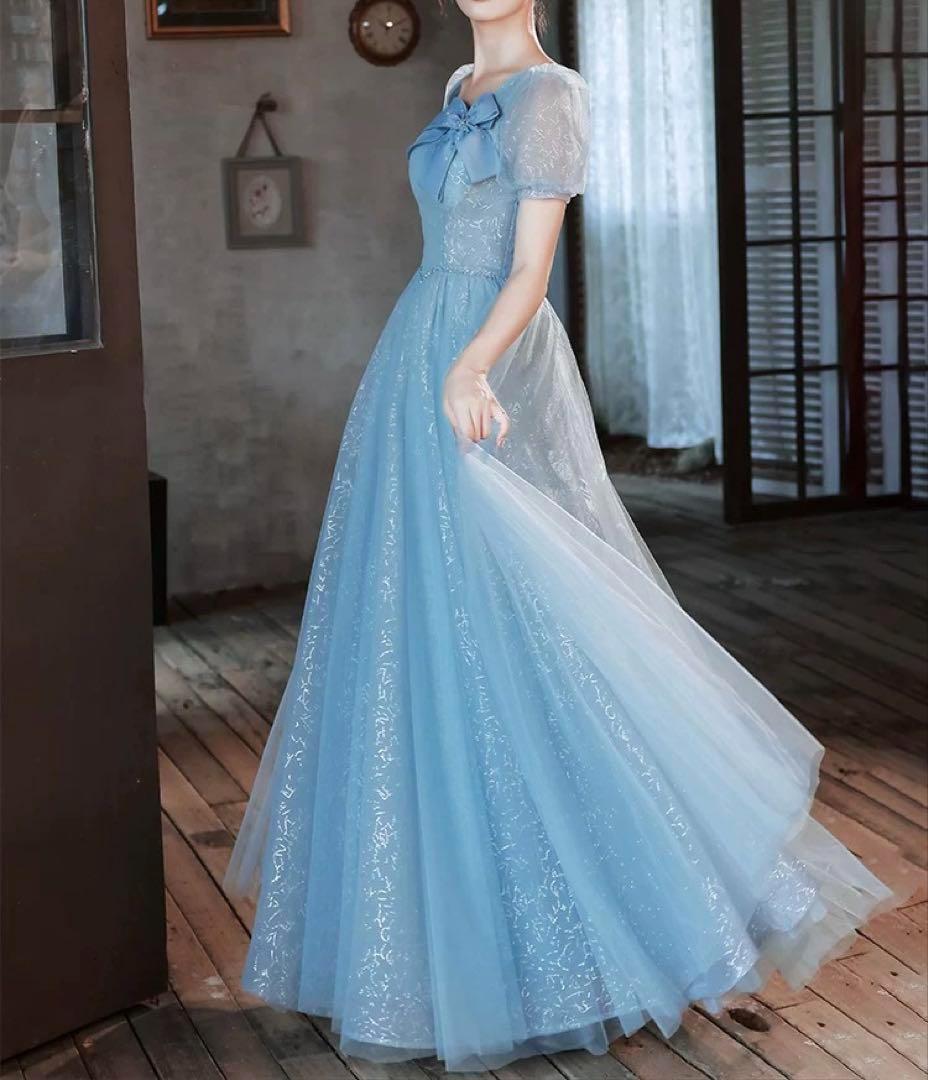 カラードレス、パーティードレス、リボン、シースルーの半袖、イブニングドレス