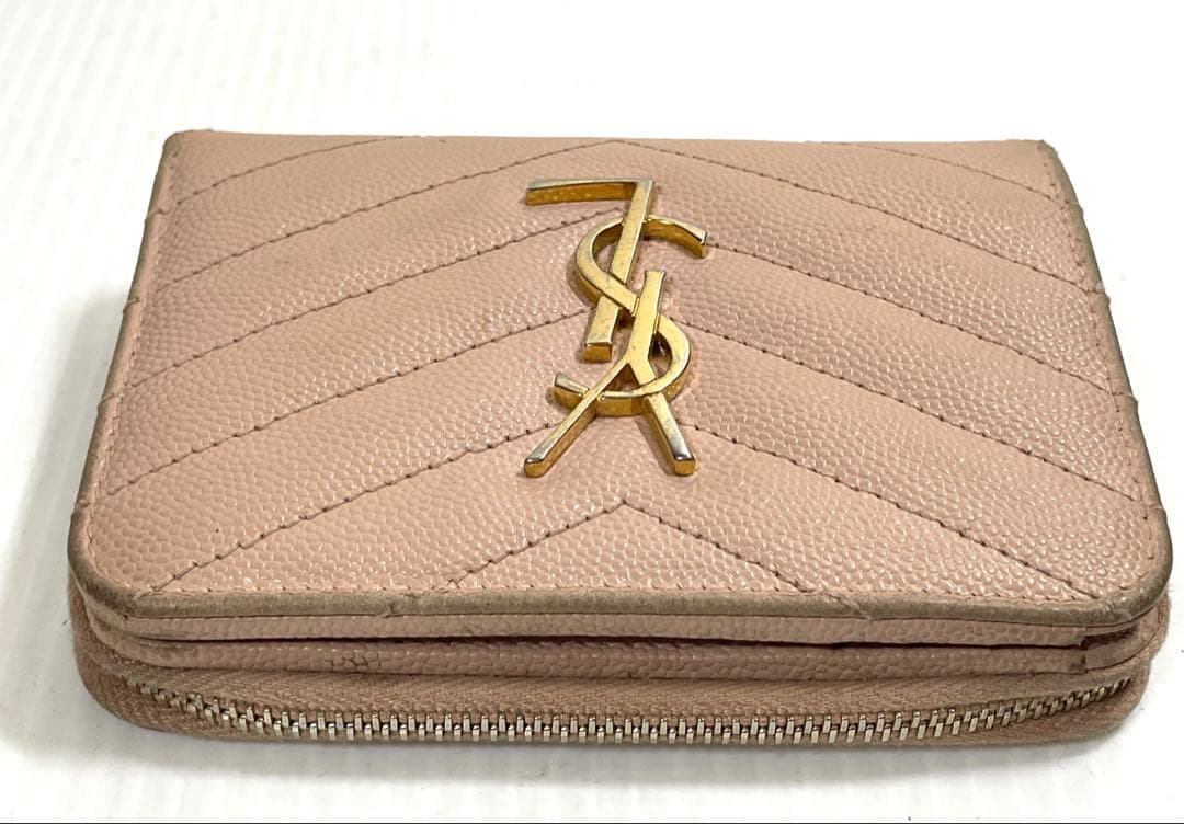 サンローラン　二つ折り財布　カサンドラ　キャビアスキン　ピンク