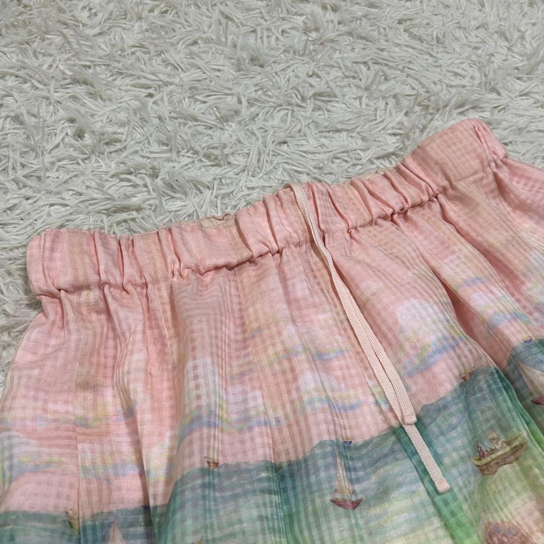 13954✨yukiemon 転写 犬 ビーチ チュール フレアスカート ピンク