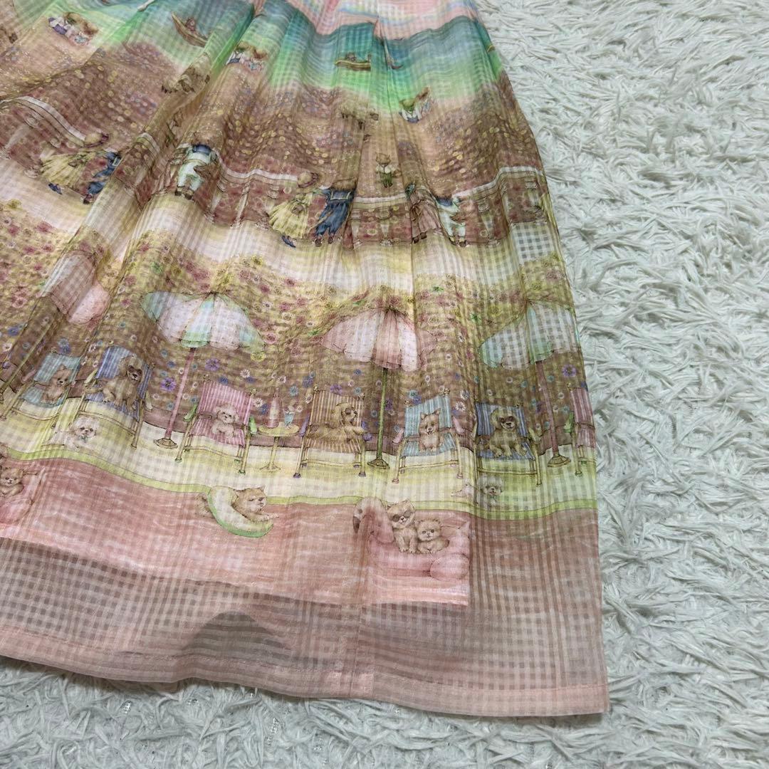 13954✨yukiemon 転写 犬 ビーチ チュール フレアスカート ピンク