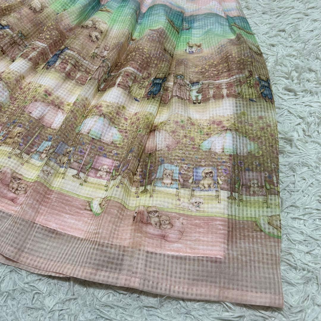 13954✨yukiemon 転写 犬 ビーチ チュール フレアスカート ピンク