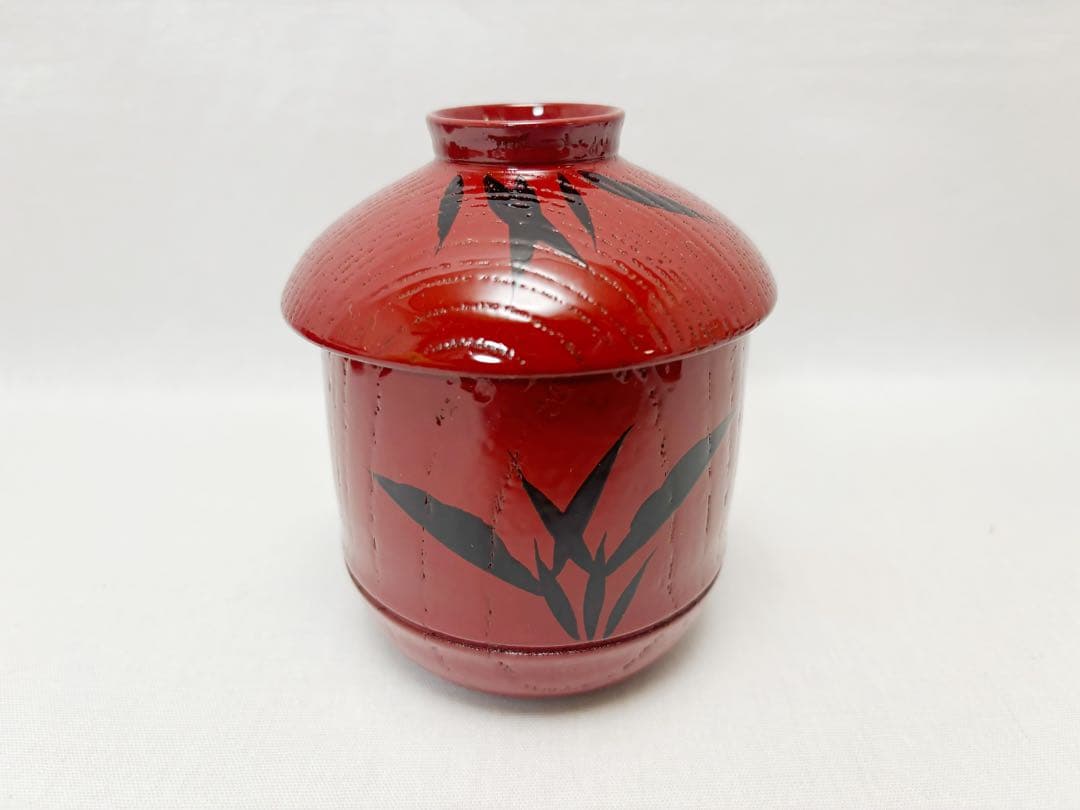 ほぼ未使用 懐石道具 塗師岡本陽斎作木製朱塗竹蒔絵 箸洗小吸物椀 5客竹形 共箱