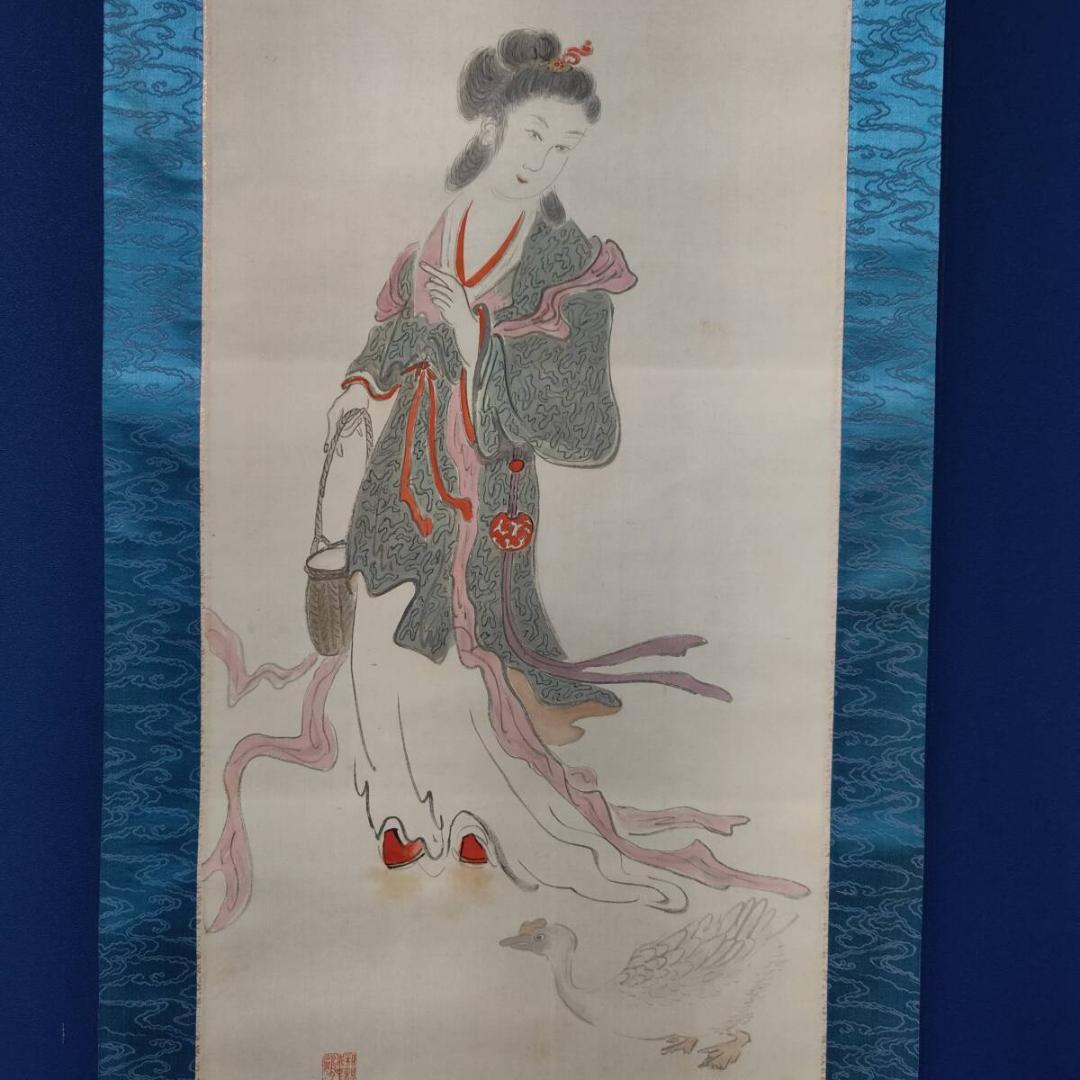 真作/渓山人/美人画/人物図/桐共箱付/布袋屋掛軸A-729