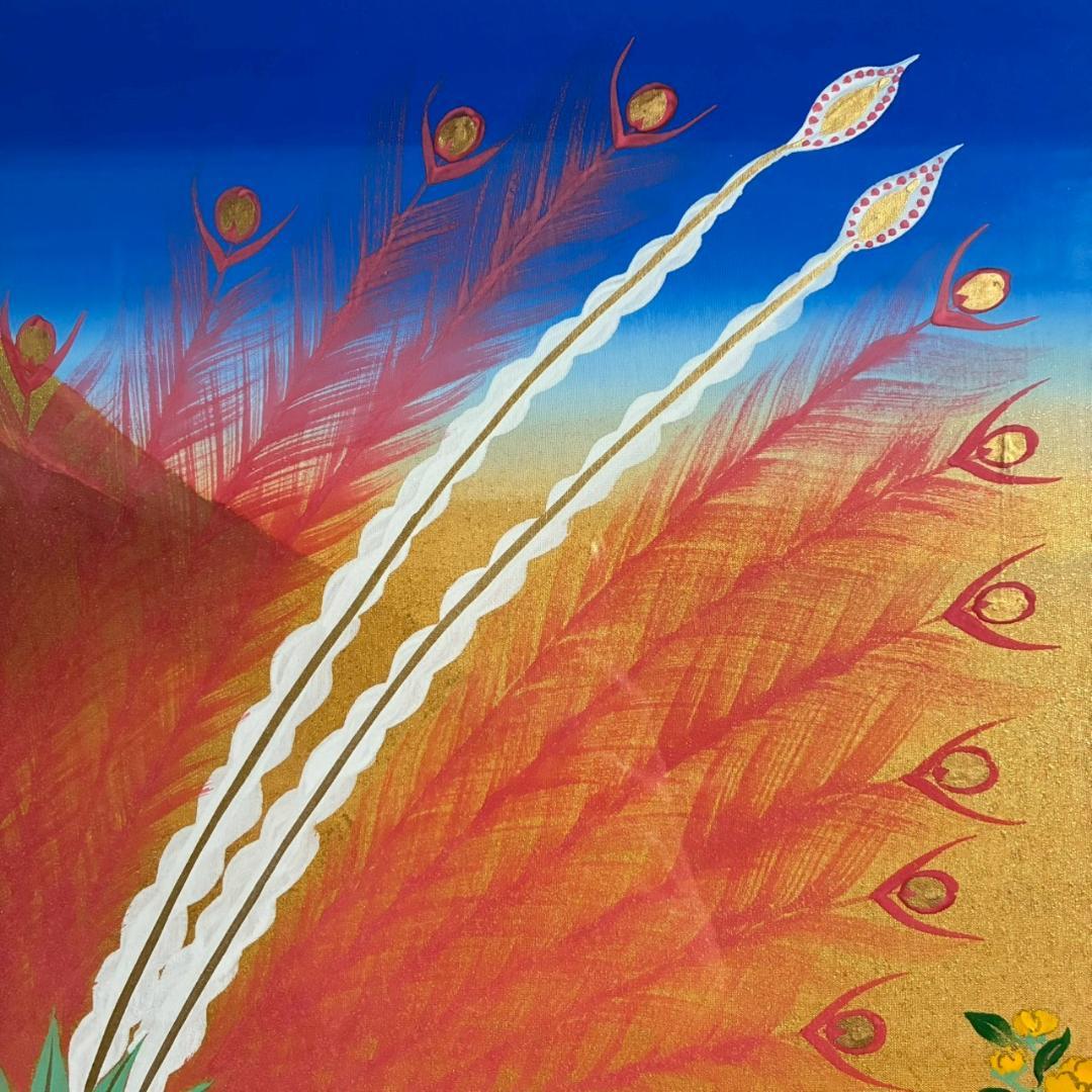 美品 あいはら友子「赤富士に鳳凰」肉筆画 日本画 10号 縁起物 開運 金襴