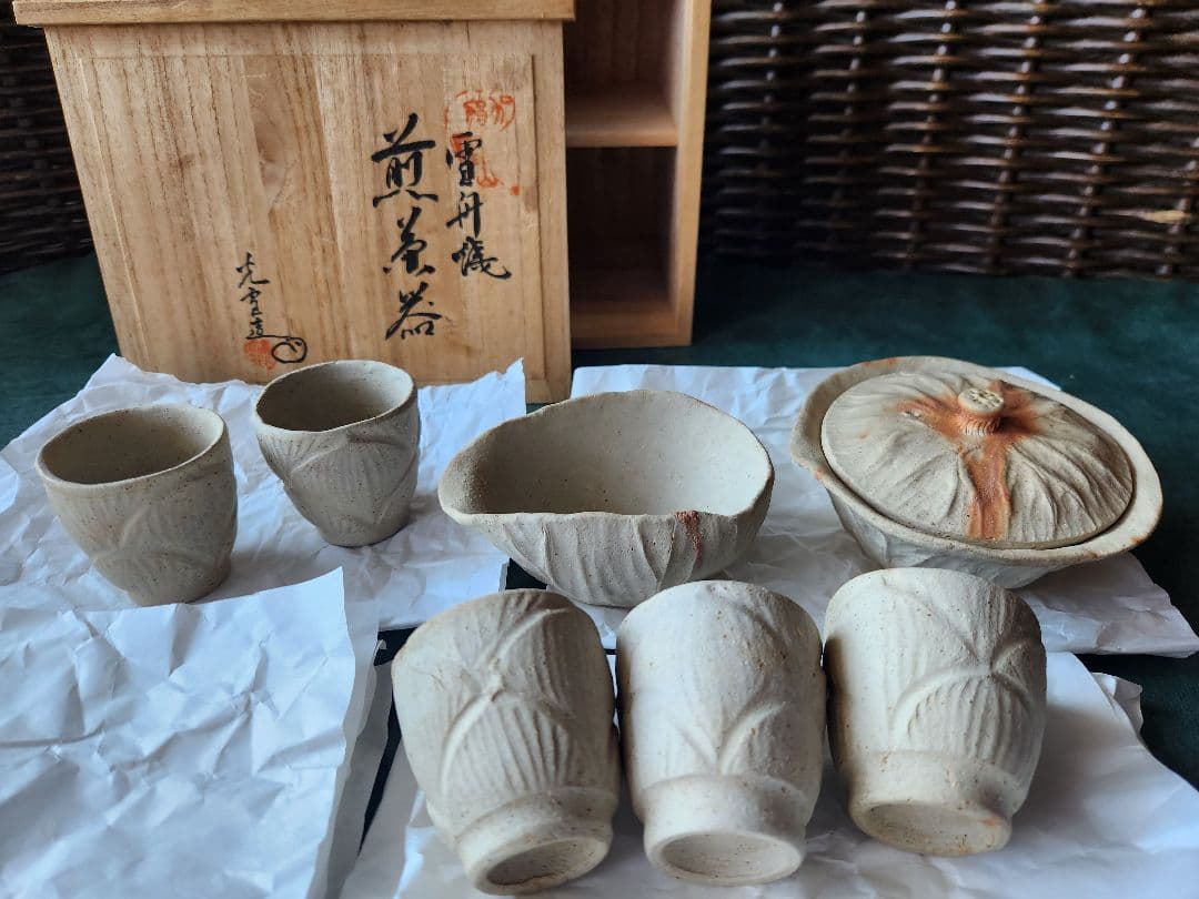 雪舟窯　宝瓶　茶器揃　煎茶器　福郷柳仙　石見焼　てびねり　蓮の茶器