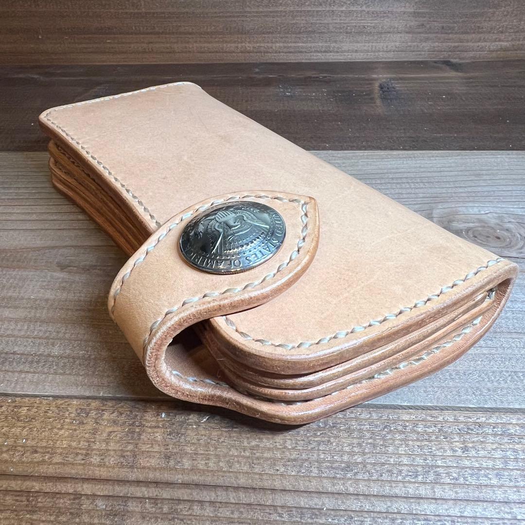 【ロングウォレット】 ナチュラル 総手縫い コンチョ メンズ 本革 長財布