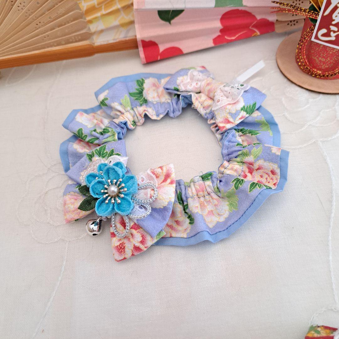 短毛シュシュ、和風妻み細工(水色)わんちゃん猫ちゃん用