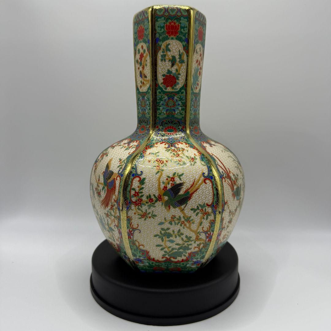 R106 彩色蒔金緑釉花鳥五稜梅瓶 花瓶（かびん）陶磁器 アンティーク