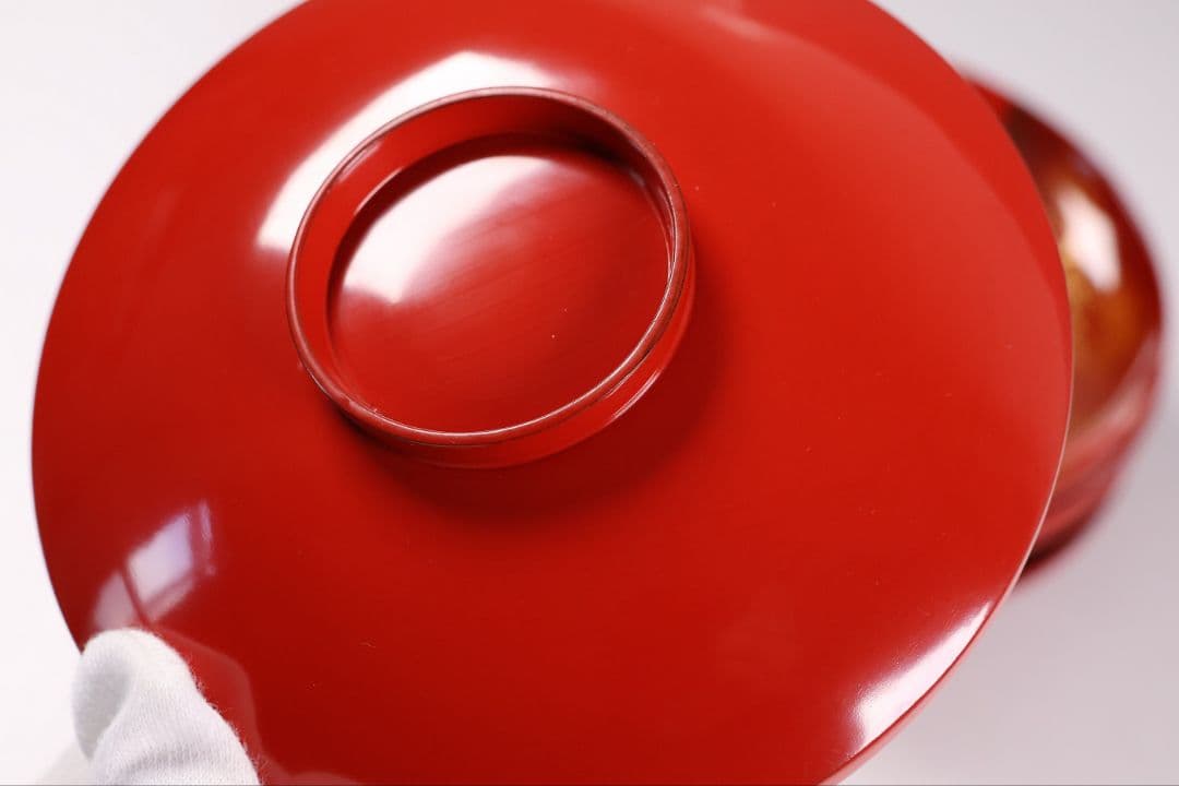 【CM372】時代木製漆器 光琳写 金蒔絵 群鶴図 朱塗 引盃 五客 小皿 杯