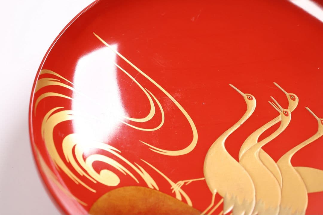 【CM372】時代木製漆器 光琳写 金蒔絵 群鶴図 朱塗 引盃 五客 小皿 杯