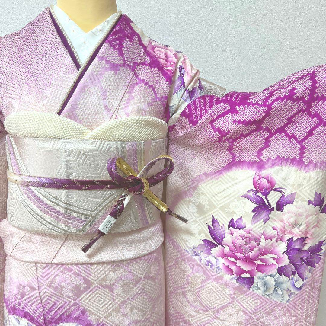 338 振袖フルセット 正絹 薄紫 パープル 絞り 銀彩 暈し染め やまと扱い