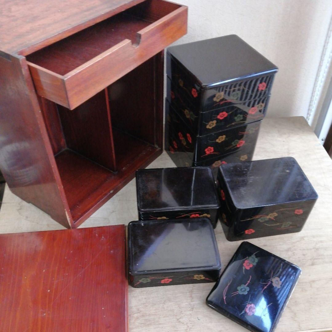 骨董　弁当箱　漆器　木製　重箱　木箱　お盆　セット　松葉に梅