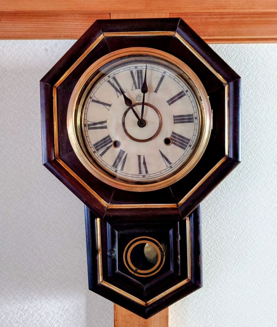 〈完動・美品〉米国Waterbury1874年　小型金筋八角ゼンマイ振り子時計