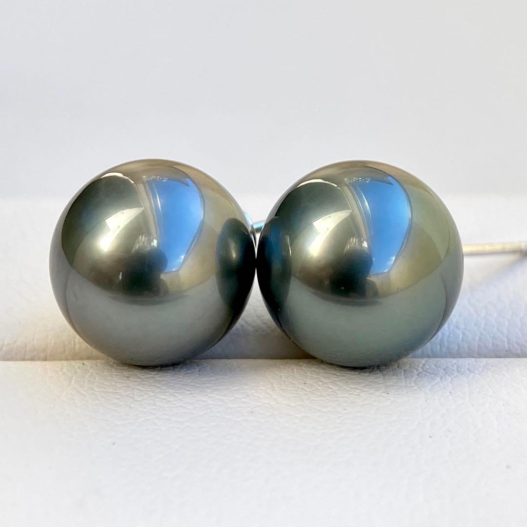 本真珠南洋黒蝶真珠グリーン11.45㍉大玉s925直結ピアスBL934