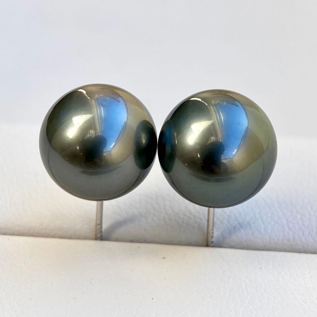 本真珠南洋黒蝶真珠グリーン11.45㍉大玉s925直結ピアスBL934