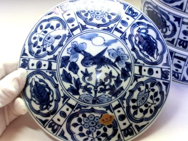 鉢■平安【陶峰造】染付古代紋三段重鉢 手描き 花唐草紋 京焼 清水焼 お重 高級