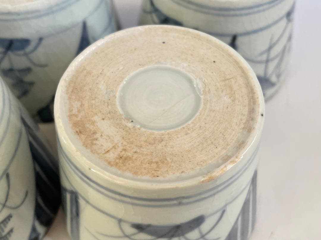 骨董　アンティーク　古伊万里　染付　羊歯文　蕎麦猪口　4点　縁錆　甘手