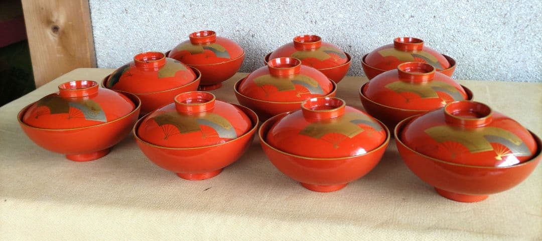 扇子金蒔絵朱塗　吸物椀　10客