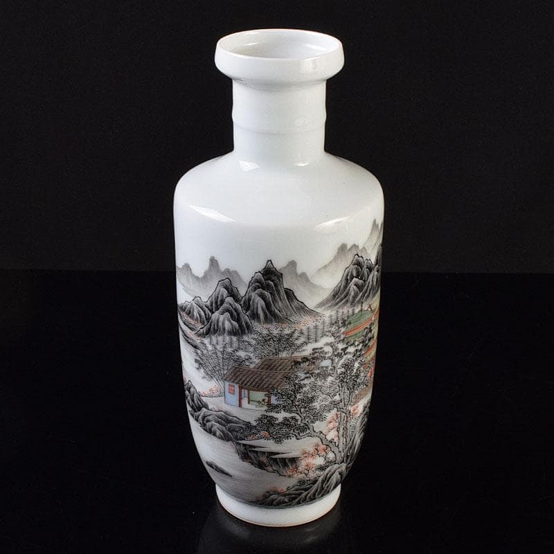 中国　居仁堂製款　山水人物文　盤口瓶　V　R9257