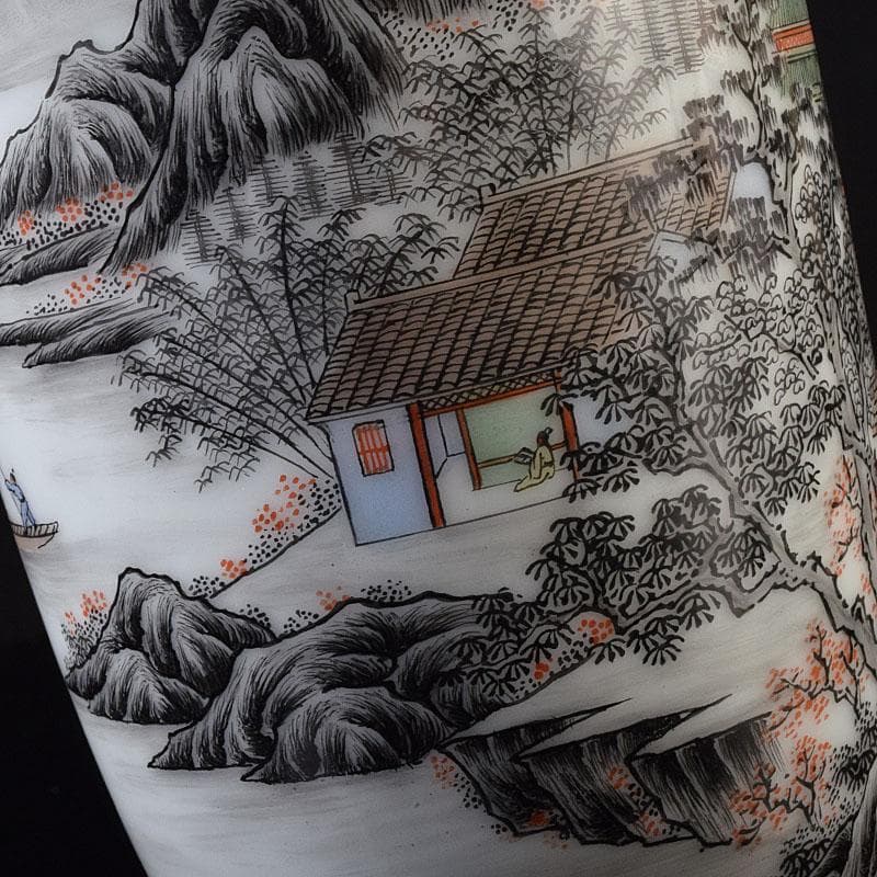 中国　居仁堂製款　山水人物文　盤口瓶　V　R9257