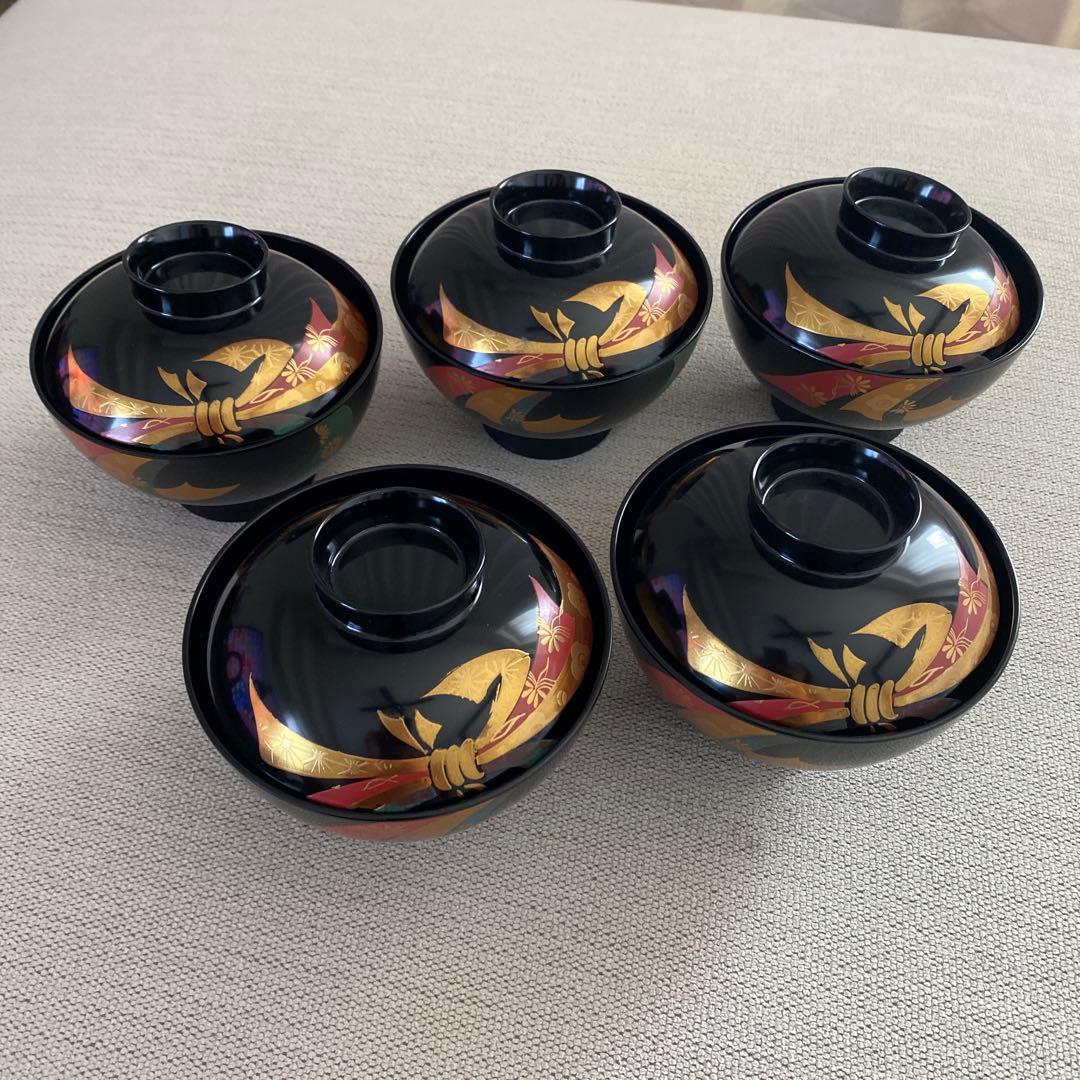 漆器 椀 5個セット 黒 金箔模様　木乾漆　会津型　吸椀　黒のし