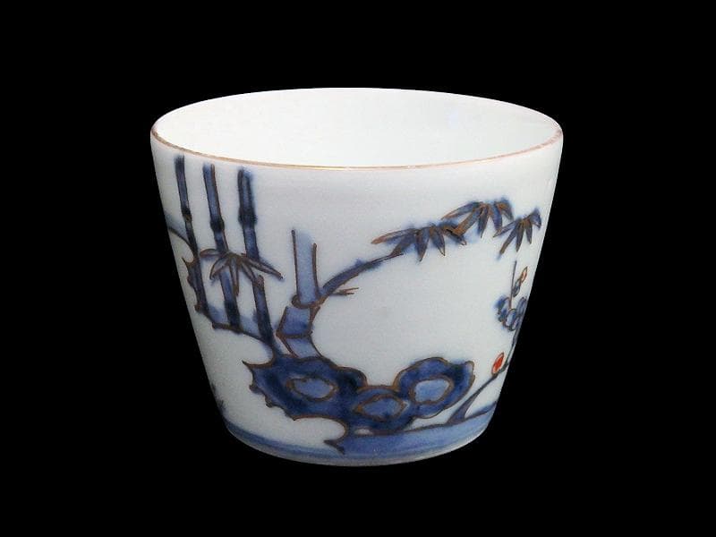 古伊万里　染錦　太湖石に松竹梅の図　蕎麦猪口　C177 AS-CXk