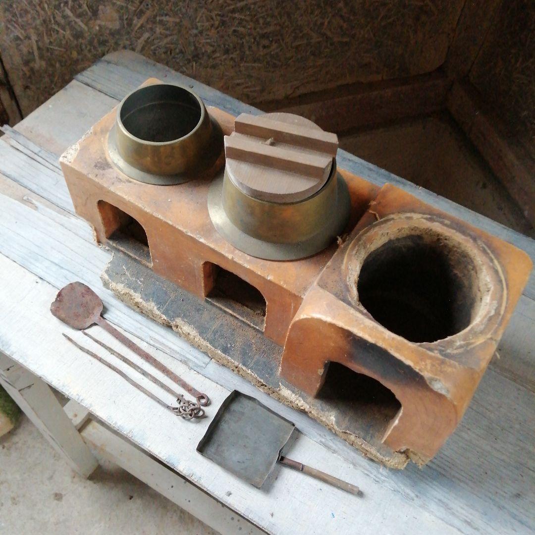 古民具　三口竈　37cm　明治～昭和初期