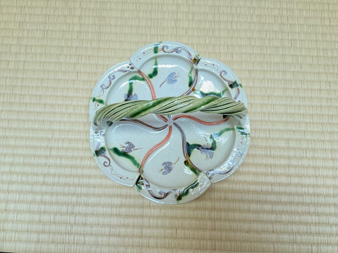 長谷川青峯　弥七田織部花形平鉢　共箱050