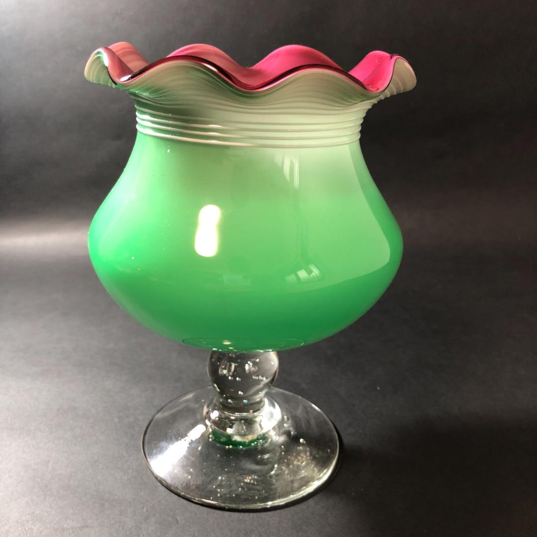 レトロガラス　三色ガラス　コンポート　フリルガラス　脚付きコンポート