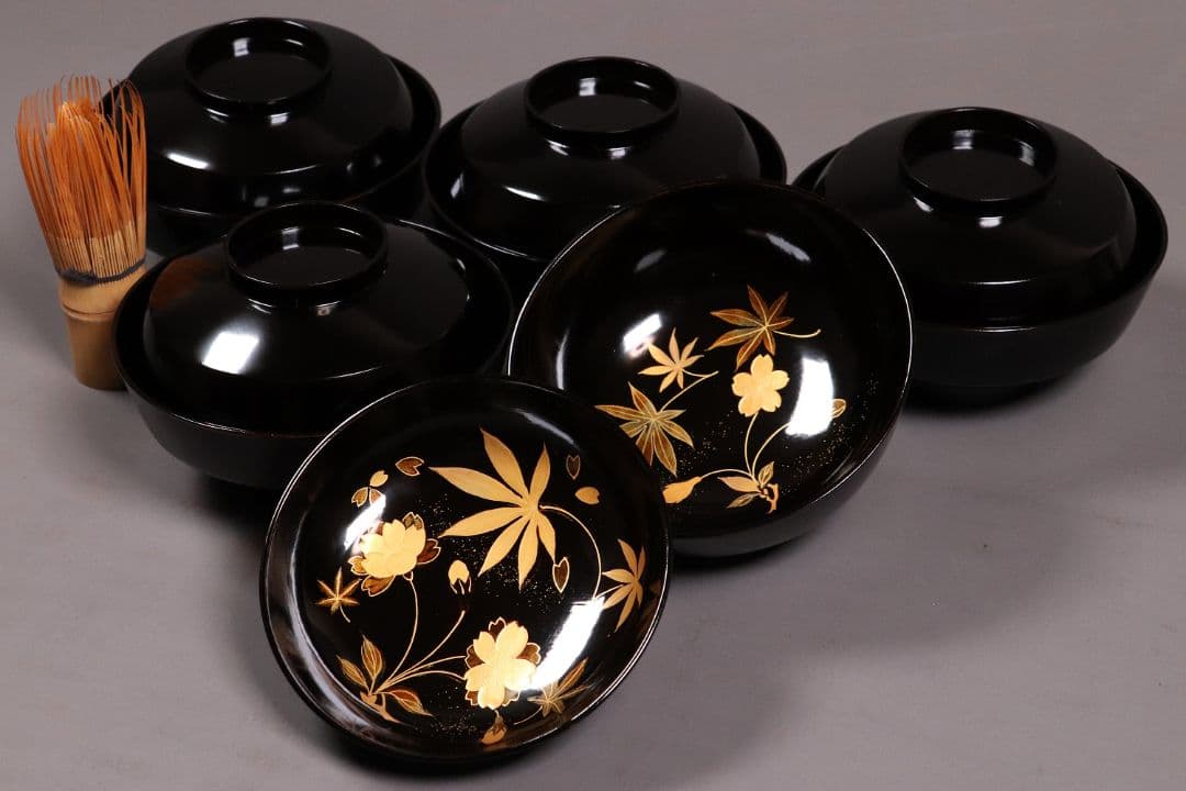 時代木製漆器 桜紅葉 黒蒔絵椀 五客 金蒔絵 梨地 漆芸【CL61】