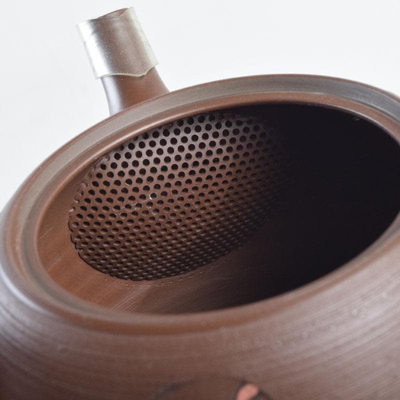 煎茶道具　常滑焼　光松作　朱泥　花草刻　横手急須　V　8655